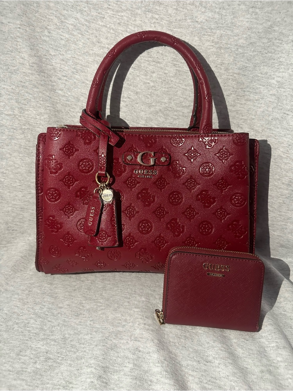 GUESS Wine Red Embossed Satchel with Matching Zip Wallet